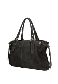 Donkergrijze suède handtas met dubbele handvaten, koordsluiting en zilverkleurige accenten. Zachte textuur en een nonchalante vorm.