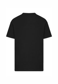 Black cotton t-shirt, short sleeves, crew neck, simple design, no patterns or embellishments, smooth texture.
