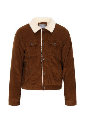 Giacca in corduroy marrone con colletto in sherpa bianco, apertura con bottoni e tasche a patta sul petto, esposta su uno sfondo bianco.