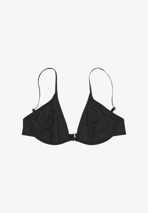 Black triangulated bra made from smooth fabric, featuring adjustable straps and a hook closure at the center for fit adjustment.