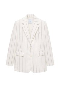 Blazer blanc à fines rayures noires verticales, avec deux boutons à l'avant, un revers cranté et trois poches à rabat.