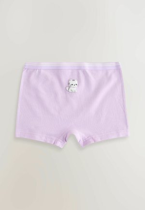 Liliowe bawełniane majteczki typu boyshort z miękką fakturą, z nadrukiem kota na przodzie i elastycznym paskiem w paski.