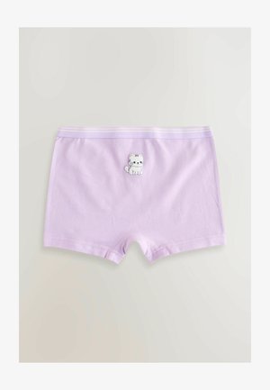 Ljubičaste pamučne gaćice kratki rez s mekom teksturom, s printom mačke na prednjoj strani i elastičnim pojasom s prugama.