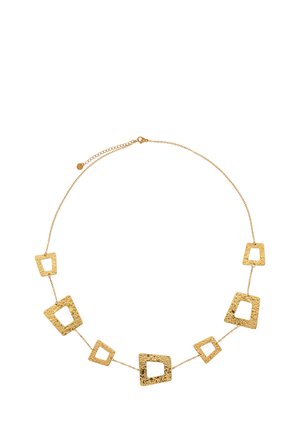 Goldene Halskette mit verbundenen gehämmerten quadratischen und rechteckigen offenen Formen an einer feinen Kette und einem kleinen Verschluss.