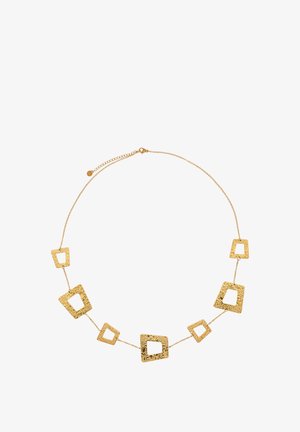 Gouden halsketting met verbonden geslagen vierkante en rechthoekige open vormen aan een fijne ketting en een kleine sluiting.