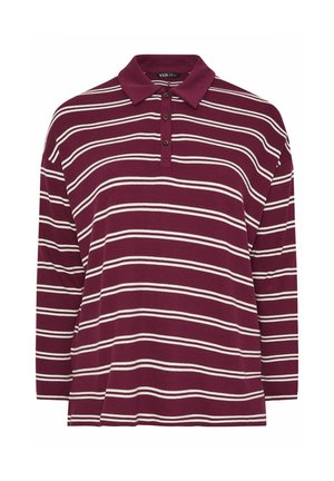 Czerwono-brązowa polo z długim rękawem. Posiada kołnierzyk zapinany na guziki oraz białe poziome paski. Wykonana z teksturowanej tkaniny.