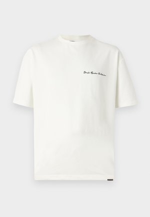 White cotton t-shirt with a crew neck, short sleeves, and a small black embroidered text on the chest. Straight cut and minimal design.