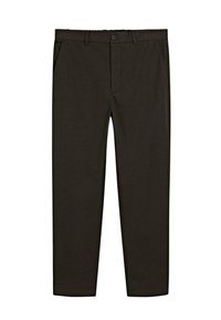 Donkerbruine, geweven stofbroek met een recht model, voorzakken en een knoopsluiting op de taille. Glad textuur.