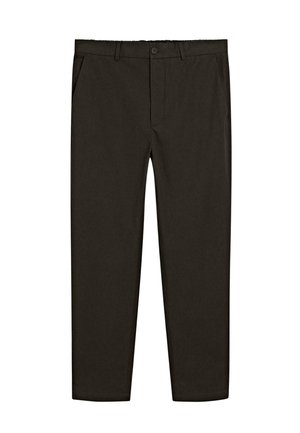 Dunkelbraune, gewebte Stoffhose mit geradem Bein, vorderen Taschen und einem Knopfverschluss an der Taille. Glatte Textur.