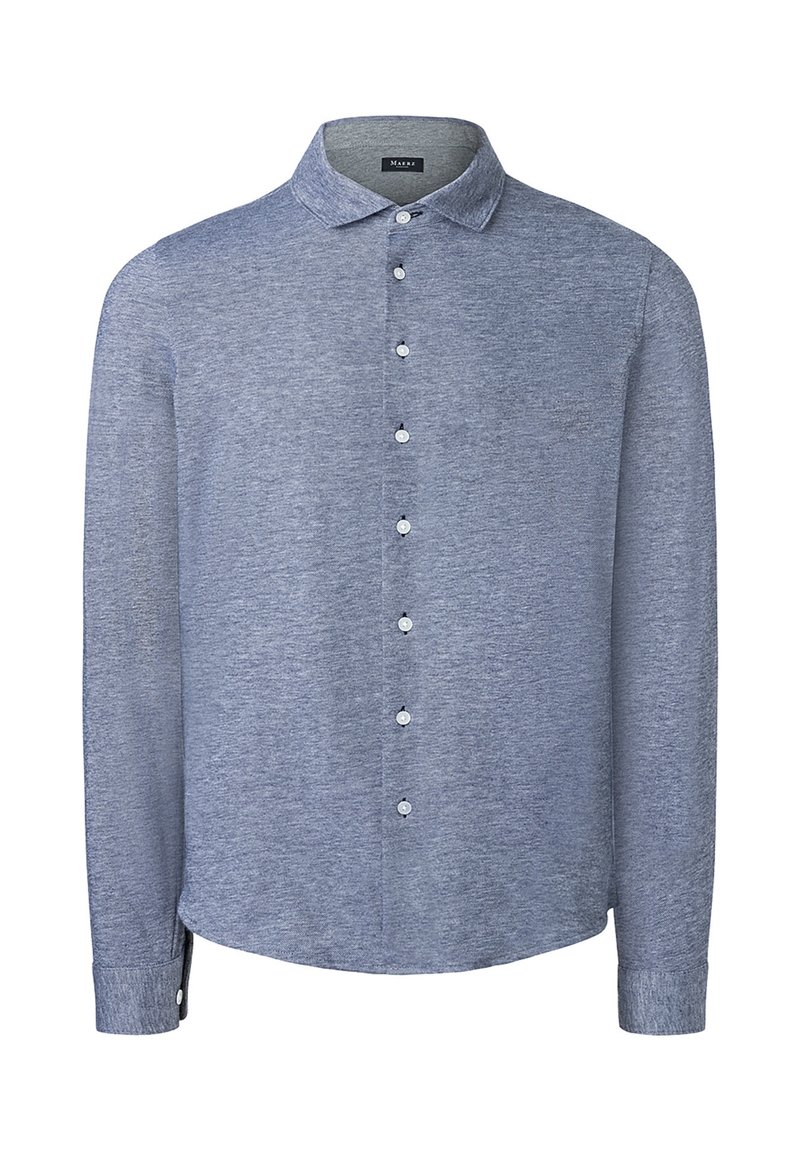 Lange mouwen, knoopshirt van lichtblauwe stof. Heeft een klassieke kraag, witte knopen en een gebogen zoom. Soepele textuur.