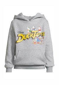 Szürke pamut kapucnis pulóver, kangorú zsebbel, bordázott mandzsettákkal, a Disney KacsaFészek grafikai nyomata a elülső részen.