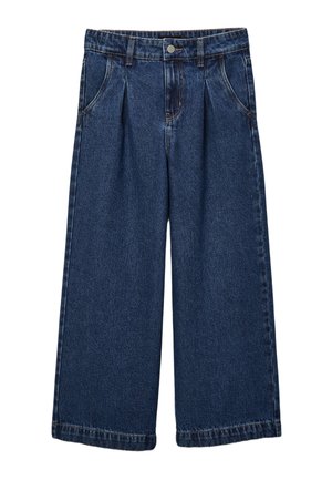 Culottes en denim bleu avec une coupe à jambes larges, présentant des plis à l'avant, une fermeture à bouton et des coutures apparentes. Texture lisse et poids moyen.