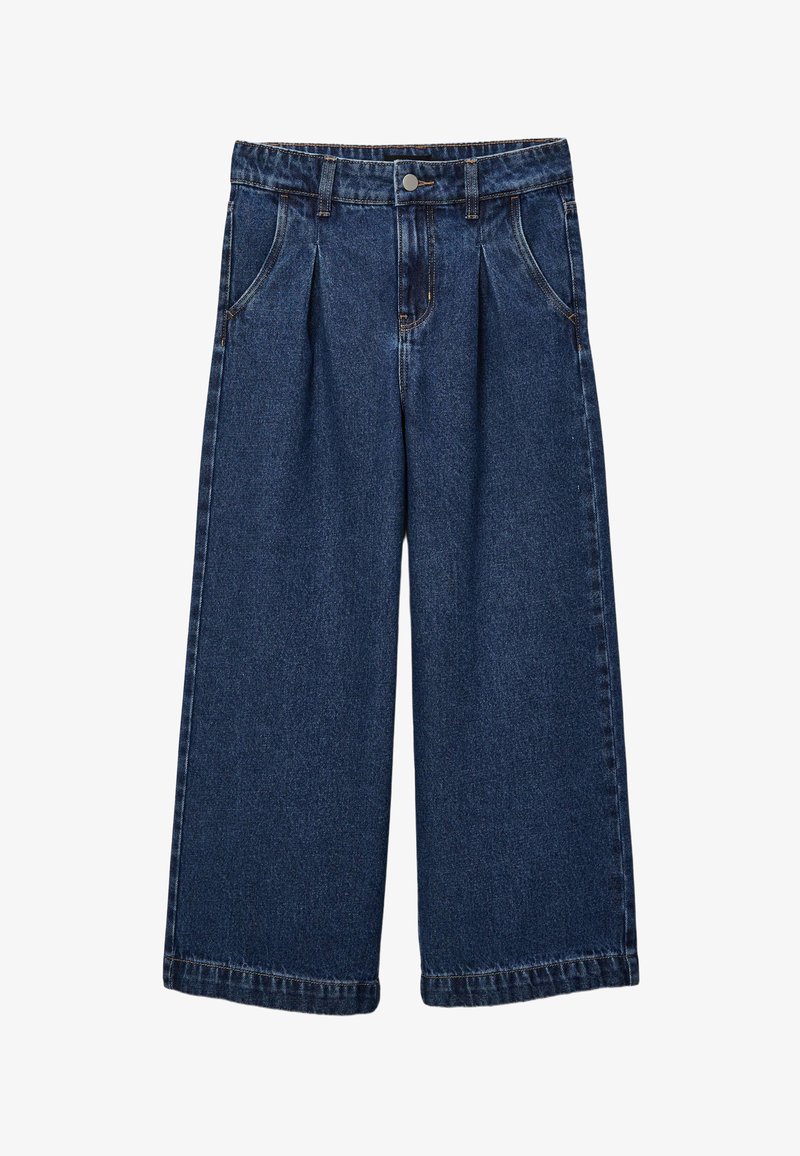 Culottes en denim bleu avec une coupe à jambes larges, présentant des plis à l'avant, une fermeture à bouton et des coutures apparentes. Texture lisse et poids moyen.