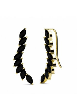 Orecchini dorati con pietre nere a taglio marquise disposte in un design a cascata e un gancio curvo per un indosso sicuro.