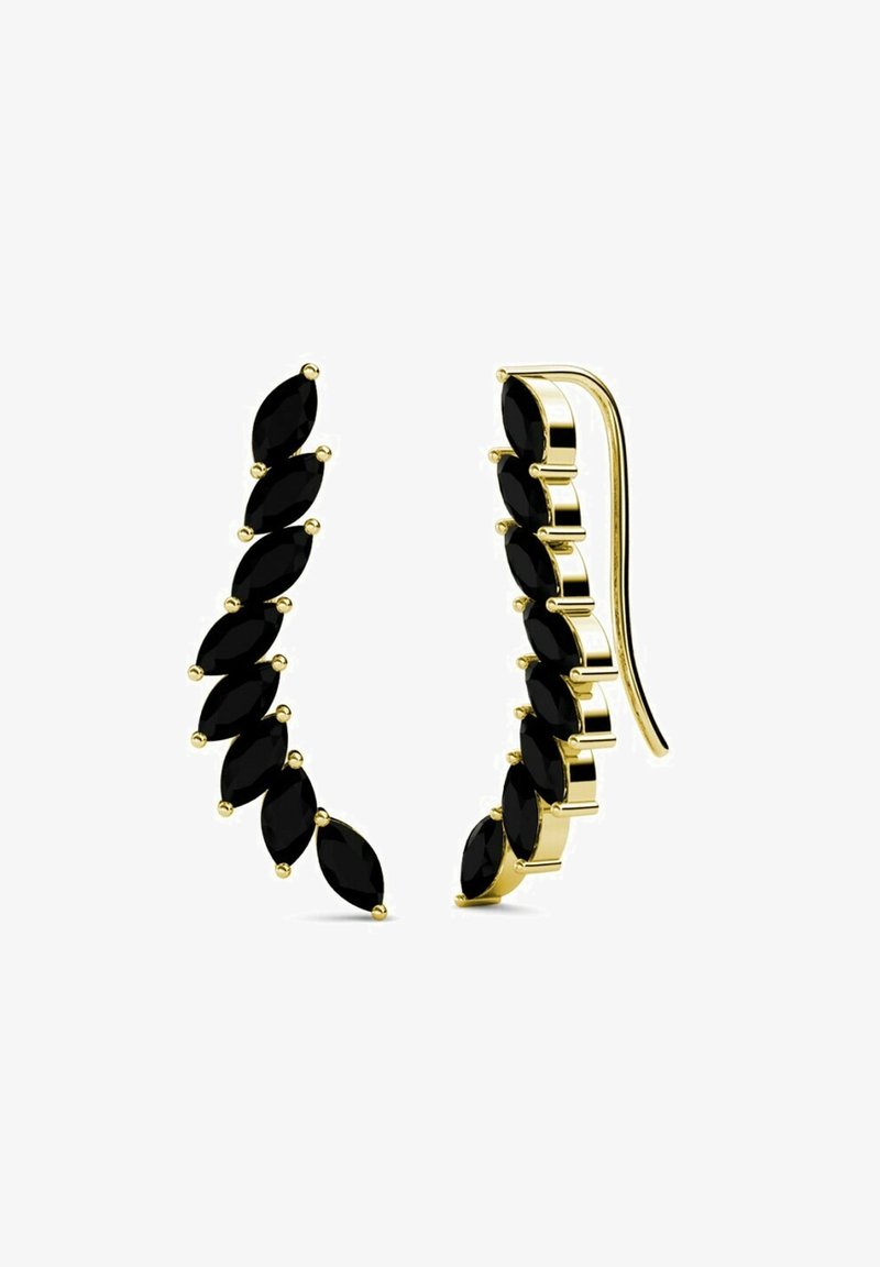 Orecchini dorati con pietre nere a taglio marquise disposte in un design a cascata e un gancio curvo per un indosso sicuro.