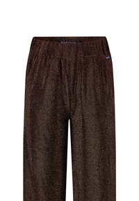 Bruine, glinsterende wijde broek met een elastische tailleband en plooidetails. Zachte textuur met sprankelende metallic accenten overal.