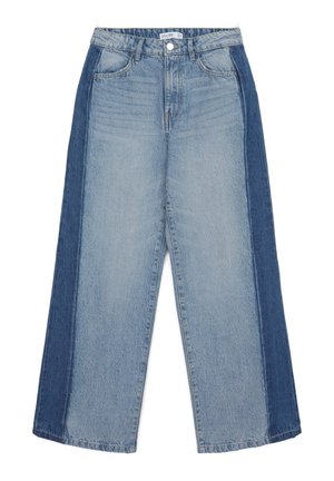 Weite Jeans mit einem zweifarbigen Design aus hellblauem und dunkelblauem Denim. Klassischer Five-Pocket-Stil mit Reißverschluss und Gürtelschlaufen.
