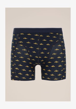 Marinefarbene Boxershorts mit einem wiederholenden Muster von gelben Taxis, ausgestattet mit einem weichen Bund und dehnbarem Stoff für zusätzlichen Komfort.