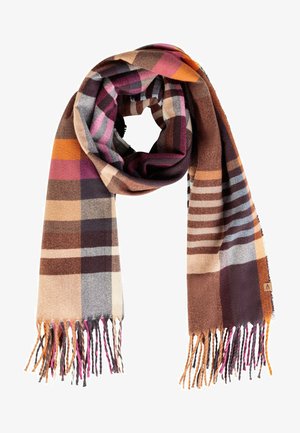 Karierter Schal in verschiedenen Farben, einschließlich Braun, Pink und Orange. Aus weichem Stoff gefertigt, mit fransigen Kanten und einem karierten Design.