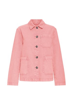 Veste en denim rose avec un col à revers, une fermeture avant à boutons, deux poches latérales et une poche poitrine. Tissu texturé uniforme sur toute la surface.