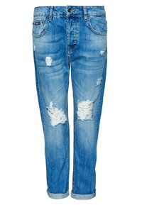 Modré džíny z denimu s vybledlým povrchem, s trhanými dírami, ohrnutými nohavicemi a klasickým designem pěti kapes.
