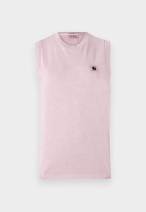 Lichtroze mouwloze t-shirt van zachte stof, met een ronde halslijn en een klein vierkant logo-opdruk op de linker borst.
