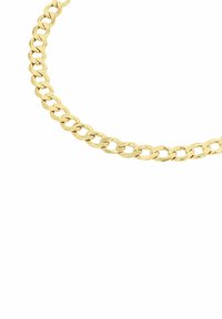 Collar de cadena de oro con eslabones ovalados entrelazados, acabado pulido, textura suave y un ancho consistente en todo el diseño.