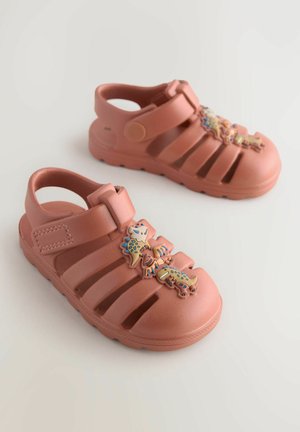Roze rubberen sandalen met band, open zijkanten en decoratieve accenten in de vorm van dinosaurussen. Textuur oppervlak met meerdere ventilatiegaten.