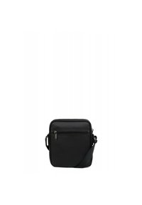 Borsa a tracolla nera in materiale sintetico con una finitura testurizzata, tasca frontale con zip, tracolla regolabile e forma quadrata. Design minimalista.