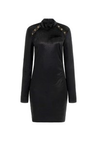 Czarna sukienka z długim rękawem, z golfem, gładką teksturą i ozdobnymi złotymi guzikami na ramionach. Dopasowany krój.