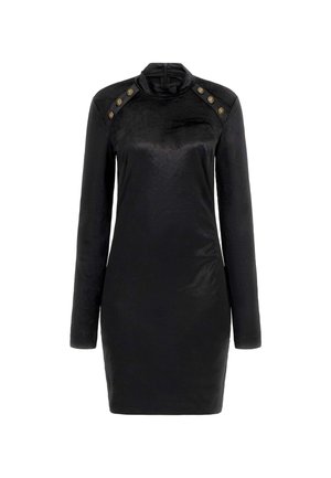 Abito nero a maniche lunghe con colletto a lupetto, texture liscia e bottoni decorativi dorati sulle spalle. Silhouette aderente.