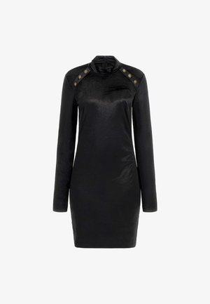 Abito nero a maniche lunghe con colletto a lupetto, texture liscia e bottoni decorativi dorati sulle spalle. Silhouette aderente.