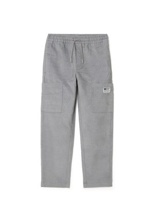 Pantalons cargo gris clair avec deux grandes poches latérales, une taille élastique avec cordon de serrage et une étiquette tissée sur le côté.
