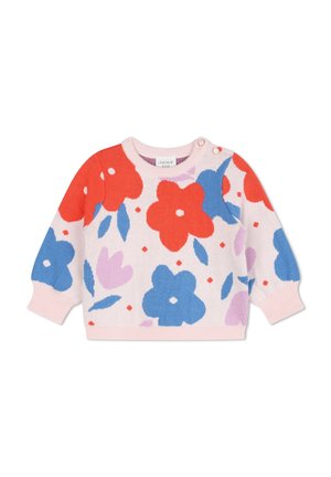 Gehaakte trui in lichtroze met rode, blauwe en paarse bloemenpatronen; heeft een ronde halslijn, lange mouwen en knoopaccenten op de schouder.