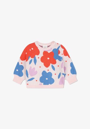 Pull en tricot rose clair orné de motifs floraux rouges, bleus et violets ; dispose d'un col rond, de manches longues et de boutons aux épaules.