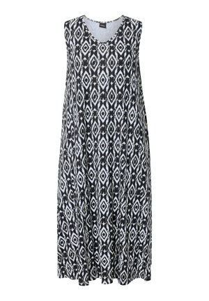 Czarna i biała sukienka bez rękawów z dekoltem w serek i powtarzającym się geometrycznym wzorem w kształcie diamentu, luźnym i swobodnym krojem.