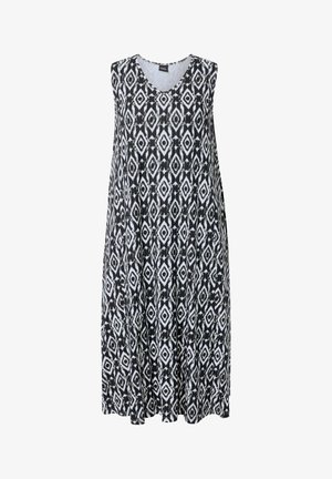 Czarna i biała sukienka bez rękawów z dekoltem w serek i powtarzającym się geometrycznym wzorem w kształcie diamentu, luźnym i swobodnym krojem.