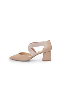 Beige high-heeled shoe with a pointed toe, open sides, and wide elastic strap. Features a chunky block heel for stability. Smooth texture.