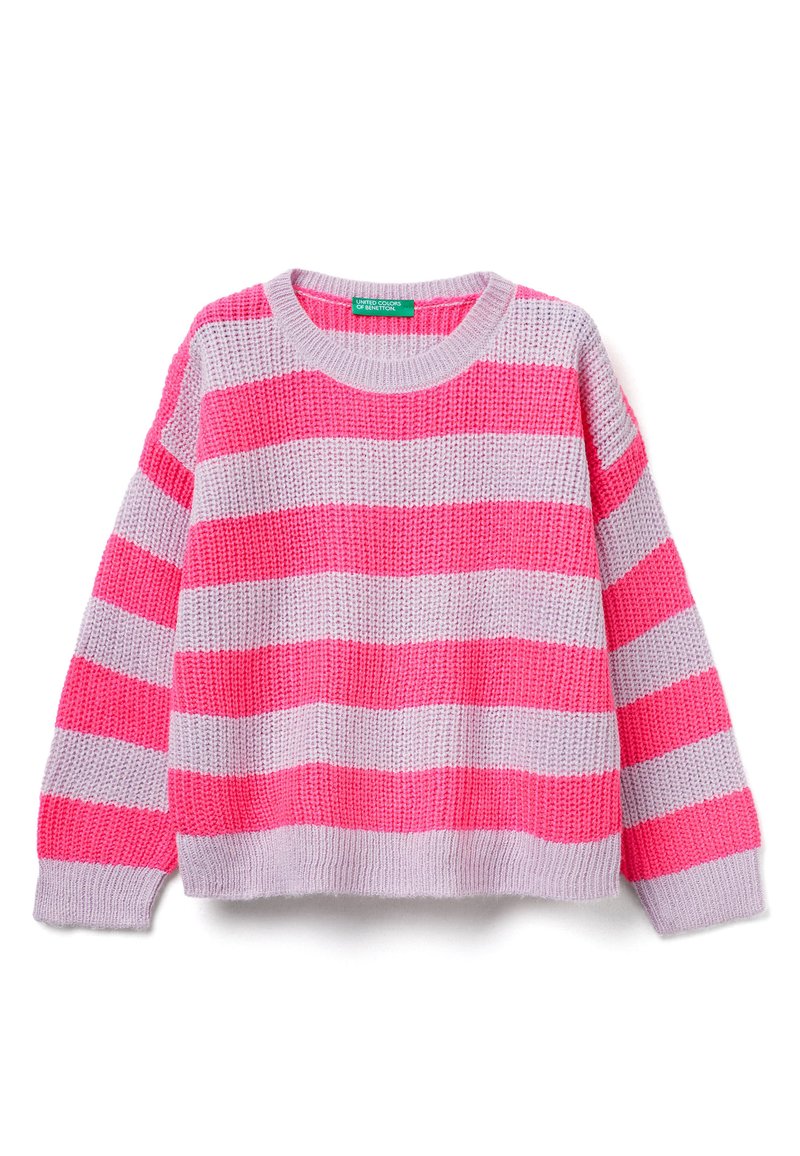 Maglione a righe rosa e grigio chiaro, realizzato in tessuto a maglia testurizzato, presenta un collo rotondo e maniche lunghe con polsini a costine.