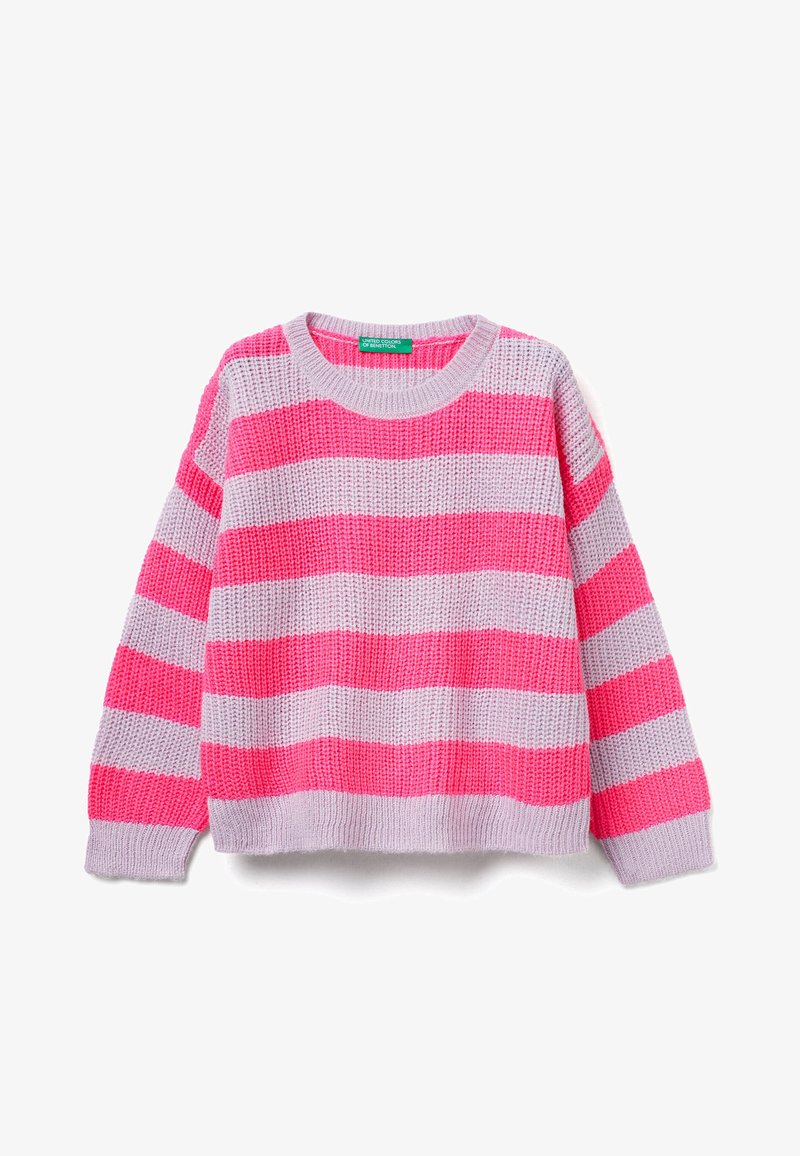 Gestreifter Pullover in Pink und Hellgrau, aus strukturiertem Strickmaterial, mit rundem Ausschnitt und langen Ärmeln mit gerippten Bündchen.