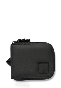 Portefeuille noir zippé fabriqué dans un matériau texturé avec un motif matelassé, comportant un patch logo et une petite sangle sur un côté.