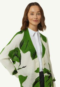 Groen en wit geblokte cardigan met zwarte accentlijnen, chunky gebreide textuur, open voorkant en verlaagde schouders. Gecombineerd met een wit shirt.