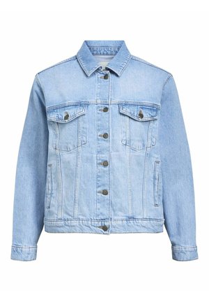 Jachetă din denim de culoare albastru deschis, cu un design clasic, având două buzunare pe piept, nasturi frontal și o textură ușor decolorată.