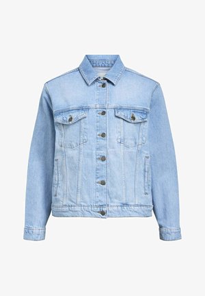 Světlá modrá džínová bunda s klasickým designem, která má dvě náprsní kapsy, přední knoflíky a mírně vybledlou texturu.