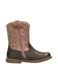 Brown leather ankle boot with a pink decorative panel, featuring cut-out leaf patterns and metallic accents. Side zipper closure.