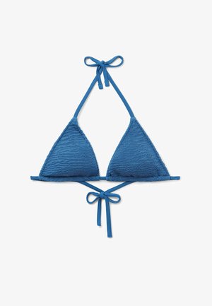 Blauer Häkel-Bikini-Oberteil mit dreieckigen Cups, Bindebänder am Nacken und Rücken, strukturiertem Stoff und subtilen Zickzackmuster.