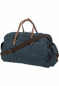 Borsa a duffel in tela di colore blu scuro con dettagli in pelle marrone. Caratterizzata da manici doppi e una tracolla staccabile. Scomparto principale con zip.