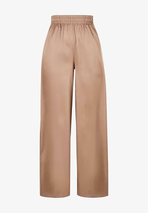 Wide-legged, light brown trousers made of smooth fabric with an elastic waistband, featuring a simple design and no additional embellishments.