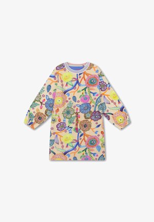 Beige jurk met lange mouwen, kleurrijke bloemen- en bladerenpatronen, elastische manchetten en een ronde halslijn met gestreepte rand.