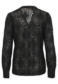 Blusa in pizzo nero con motivi floreali, maniche lunghe e polsini con bottoni. Il design presenta un aspetto trasparente e texturizzato.